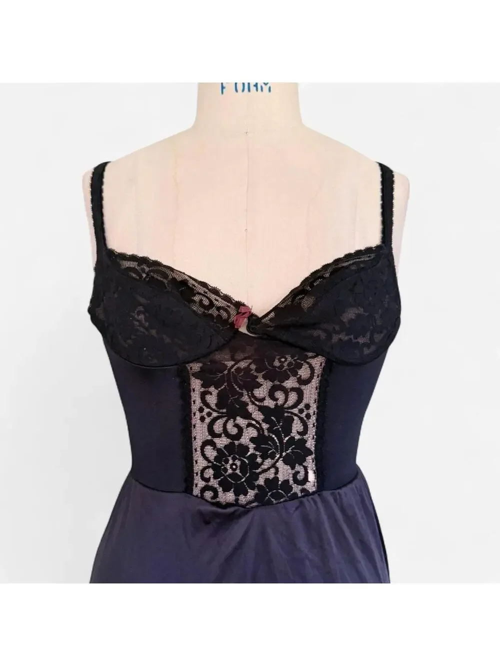 Vintage 90s Black Lace Bust Slip Dress in Black
